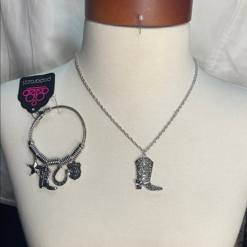 Paparazzi Silver Boot Necklace Earrings and Charm Bracelet Set BNWT